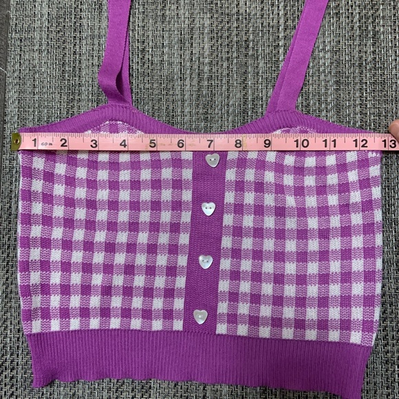 Purple Crop Top Gingham Pattern Button Hearts - Picture 2 of 7